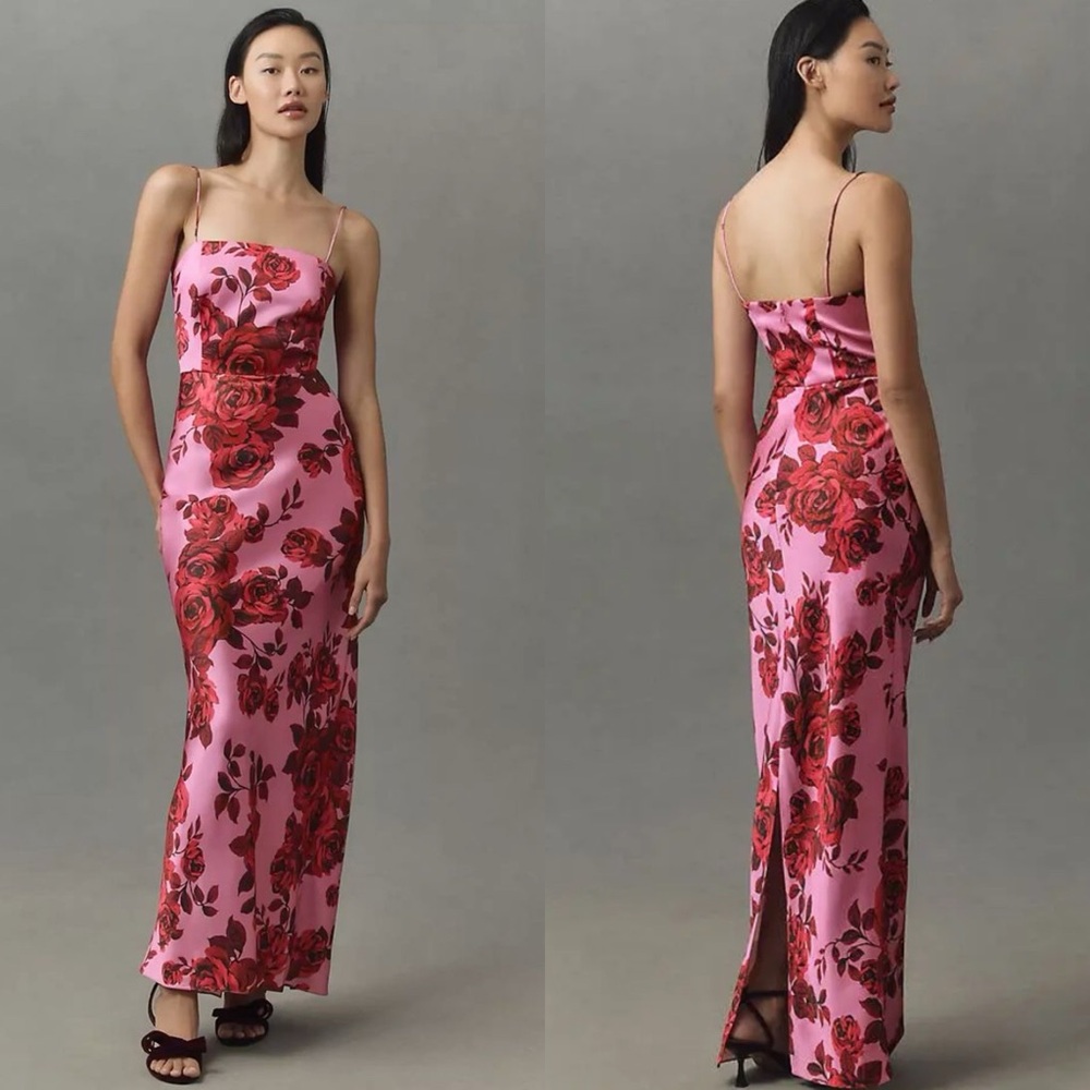 NWT Anthropologie Sachin & Babi Ila Stretch Satin Maxi Dress Rose Floral - Picture 1 of 7